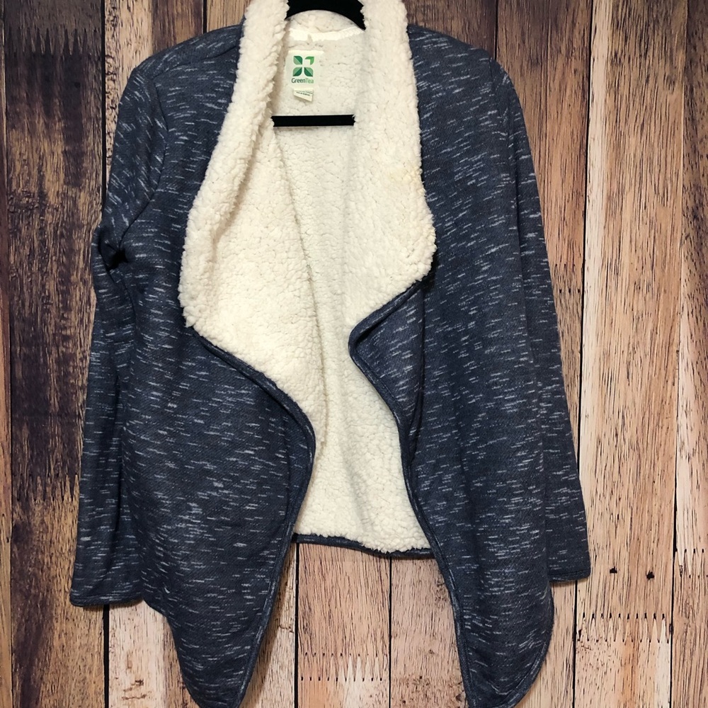 Fuzzy Open Cardigan Sherpa Lined Green Tea
